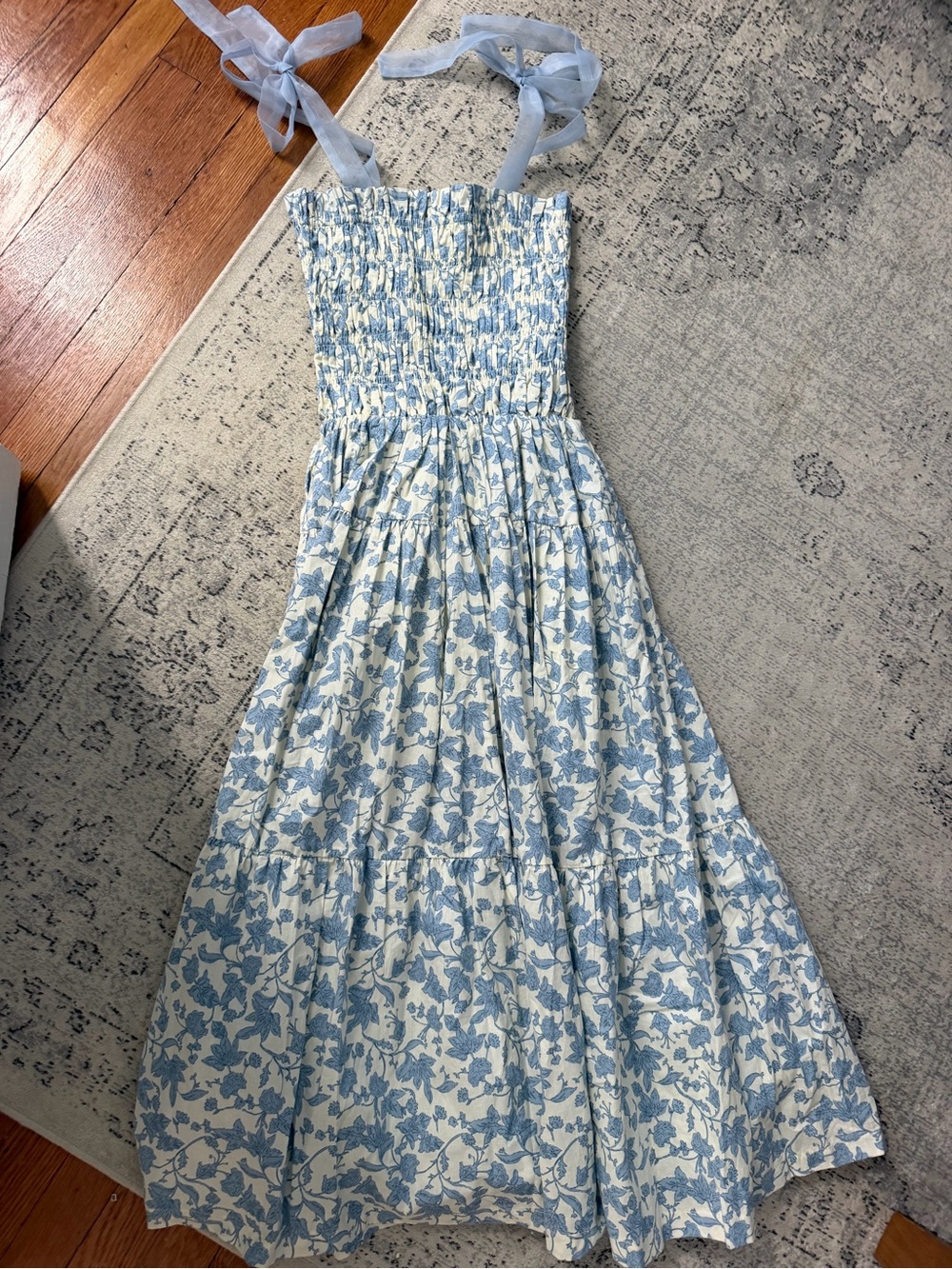 En Saison Blue Floral Smocked Tie-Strap Maxi Dress